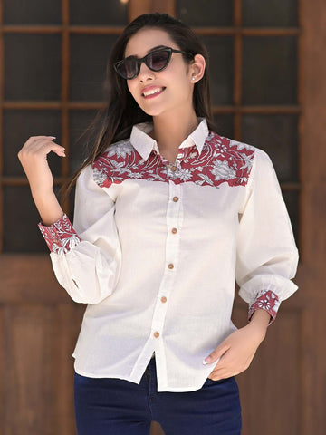 Block Printed White & Red Cotton Shirt